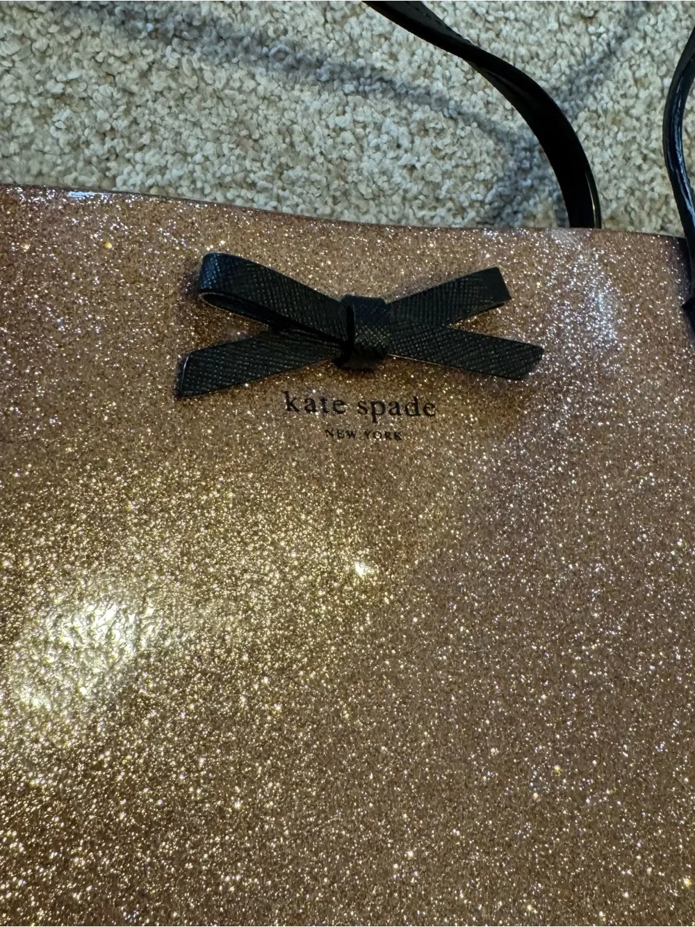 kate spade Glitter Tote in Rose Gold with Black Handles